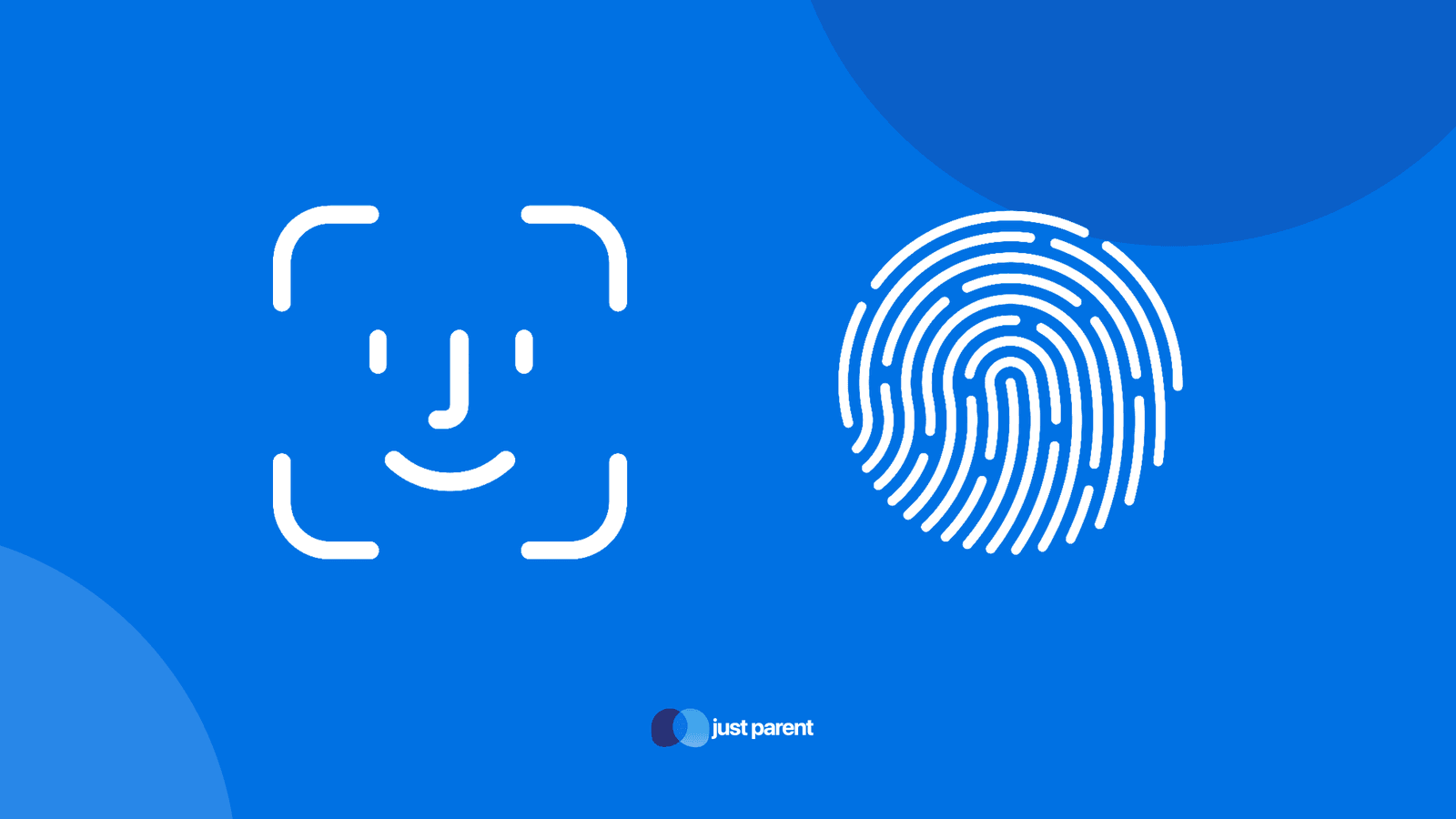 A Face ID frame and a fingerprint set against a deep blue background.