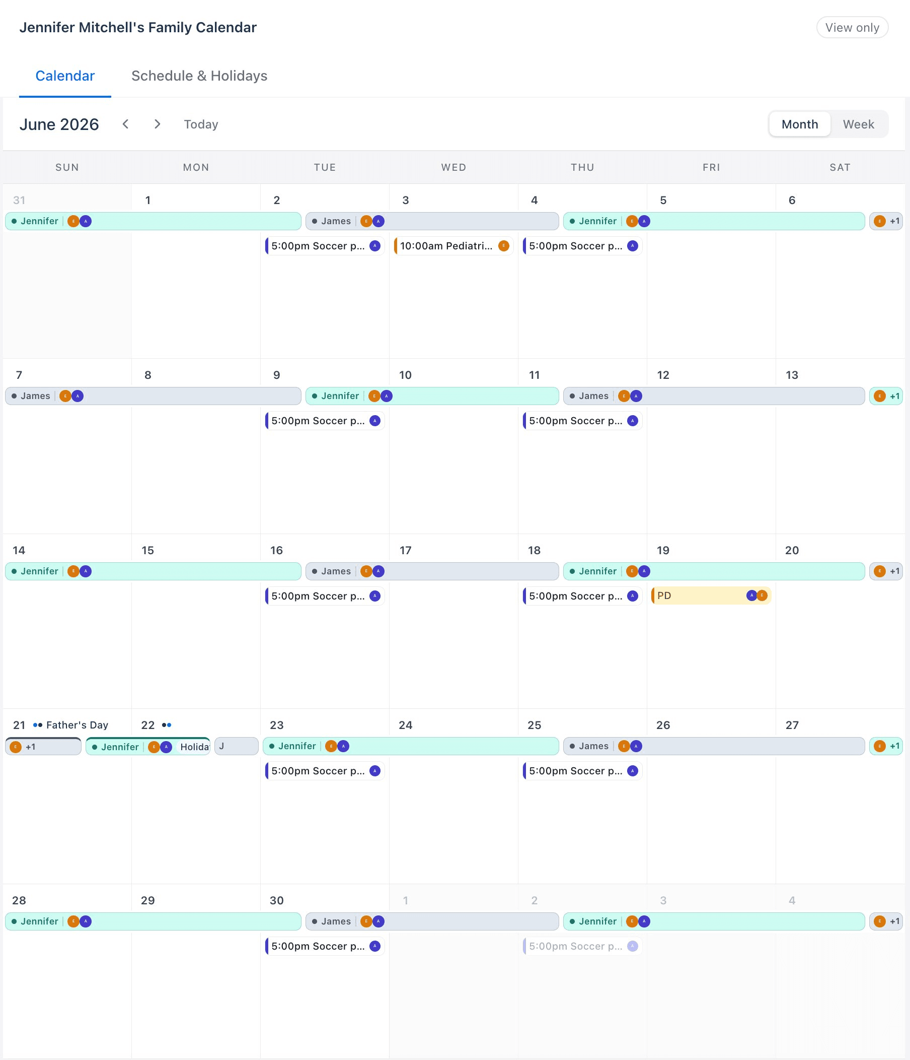 A read-only family calendar showing the custody rotation in June 2026, with Jennifer and James color-coded, plus soccer practice, a pediatric appointment, and a school PD day.