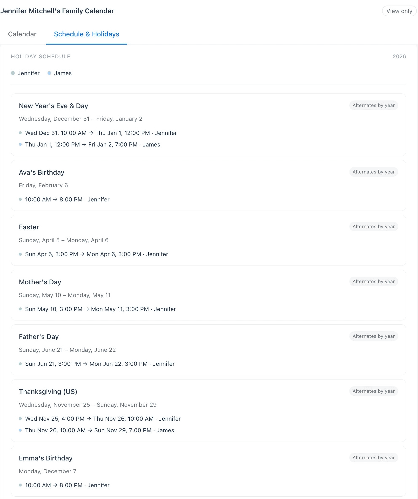 The holiday schedule page showing the 2026 rotation for New Year's, Easter, Mother's Day, Father's Day, Thanksgiving, and the kids' birthdays, with each window assigned to a parent.