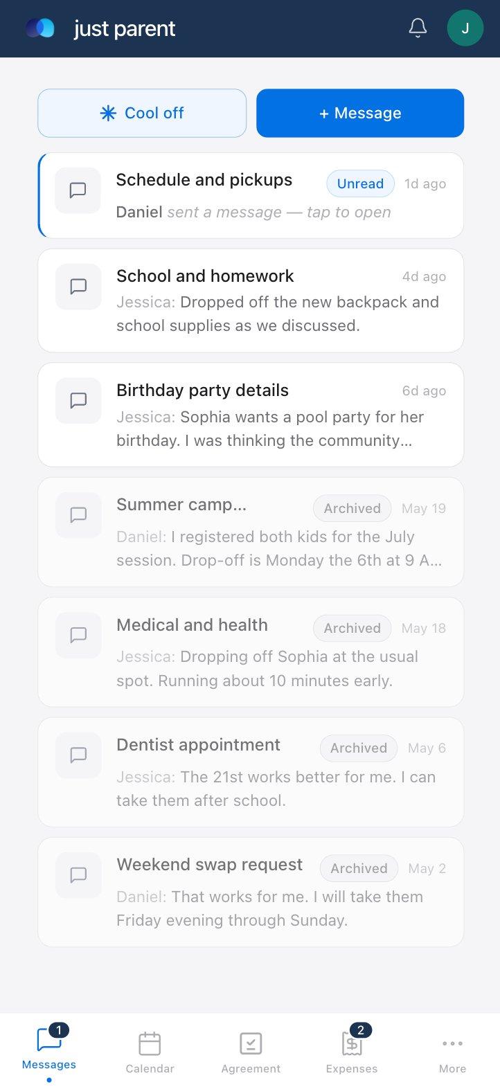The just parent messages list with seven threads: one unread (Schedule and pickups), two read and active (School and homework, Birthday party details), and four archived (Summer camp, Medical and health, Dentist appointment, Weekend swap request). The unread thread shows only its subject and the line 'Daniel sent a message, tap to open' with no preview text. The other threads show their preview content. The Cool Off and New Message buttons are visible at the top, and the bottom navigation shows Messages selected with an unread badge.