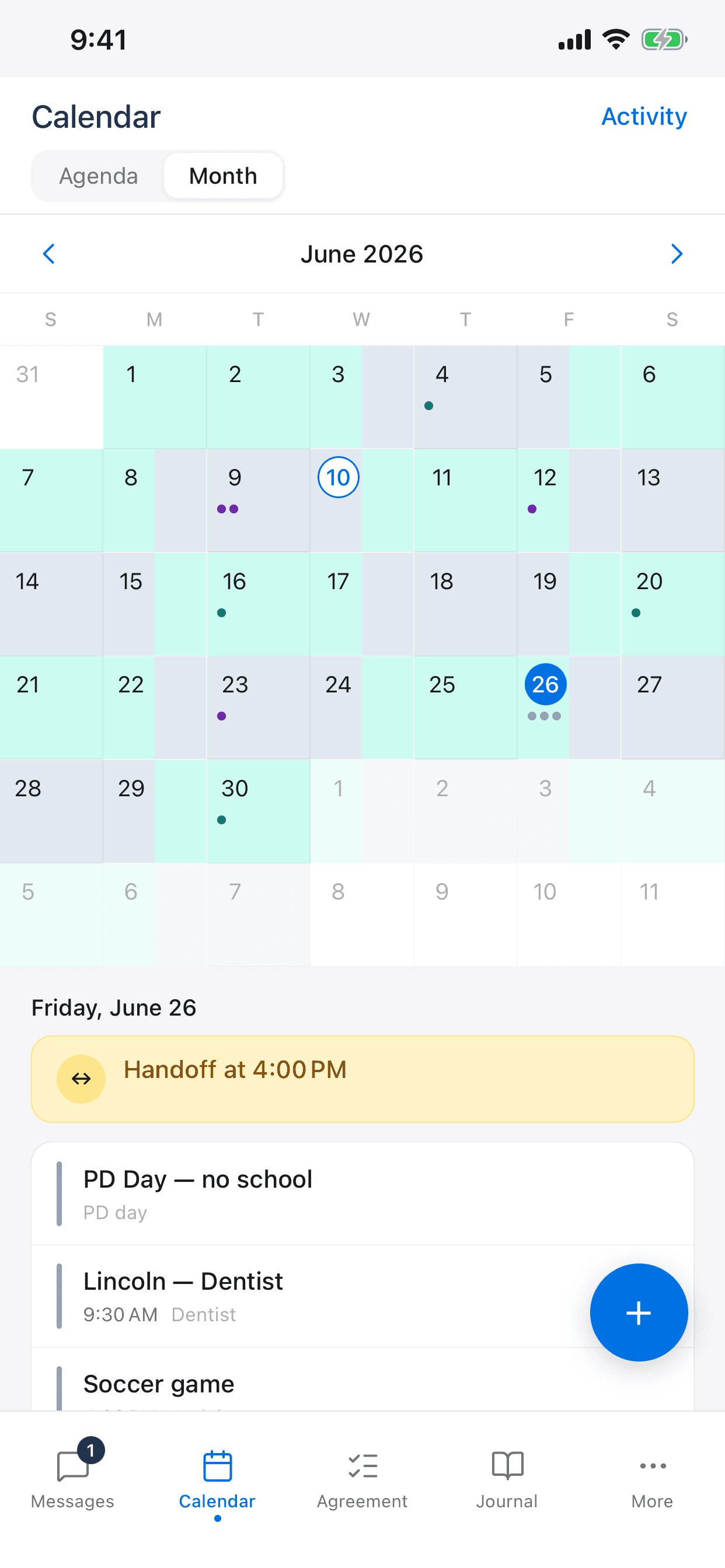 The just parent iPhone app showing the shared custody calendar with color-coded weeks.