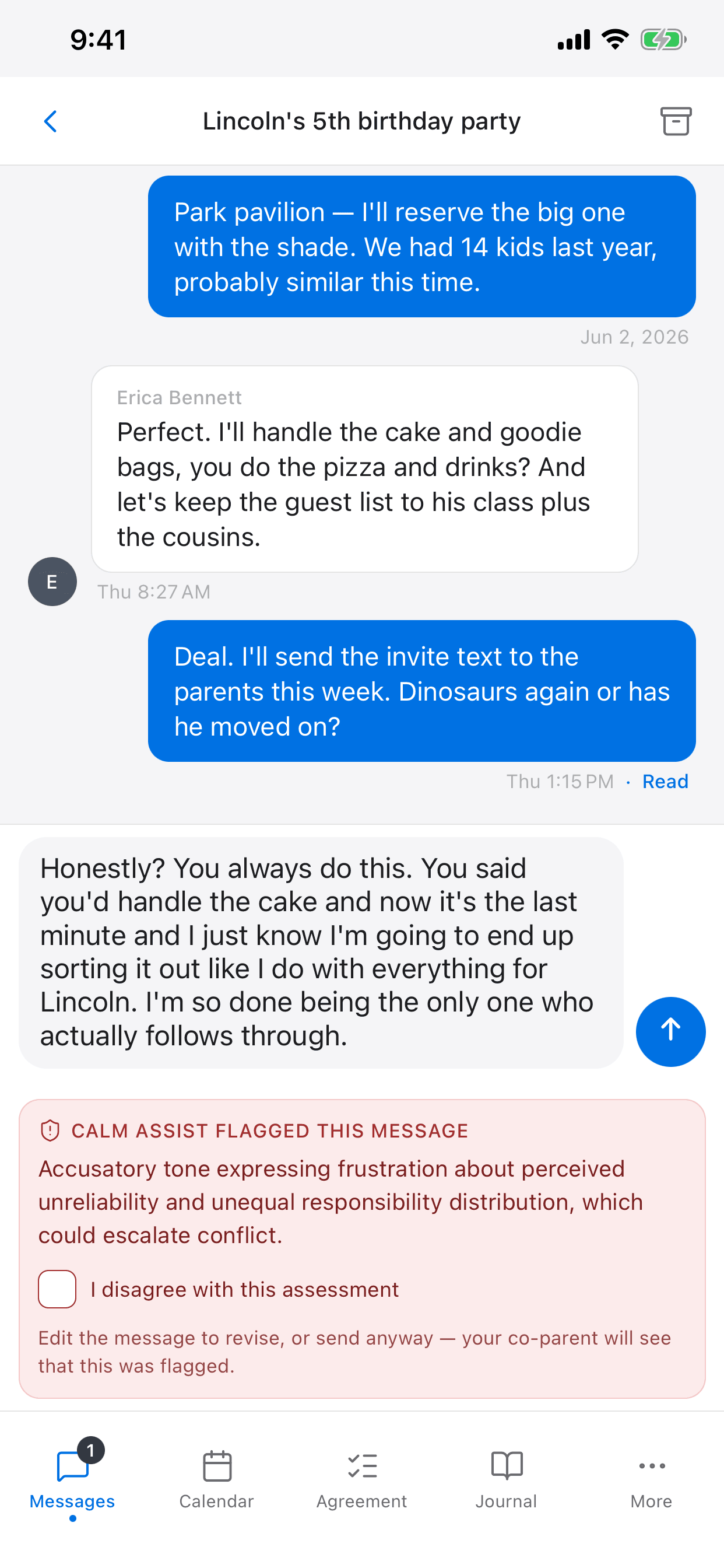 A heated message draft on the iPhone app, flagged by Calm Assist before sending.