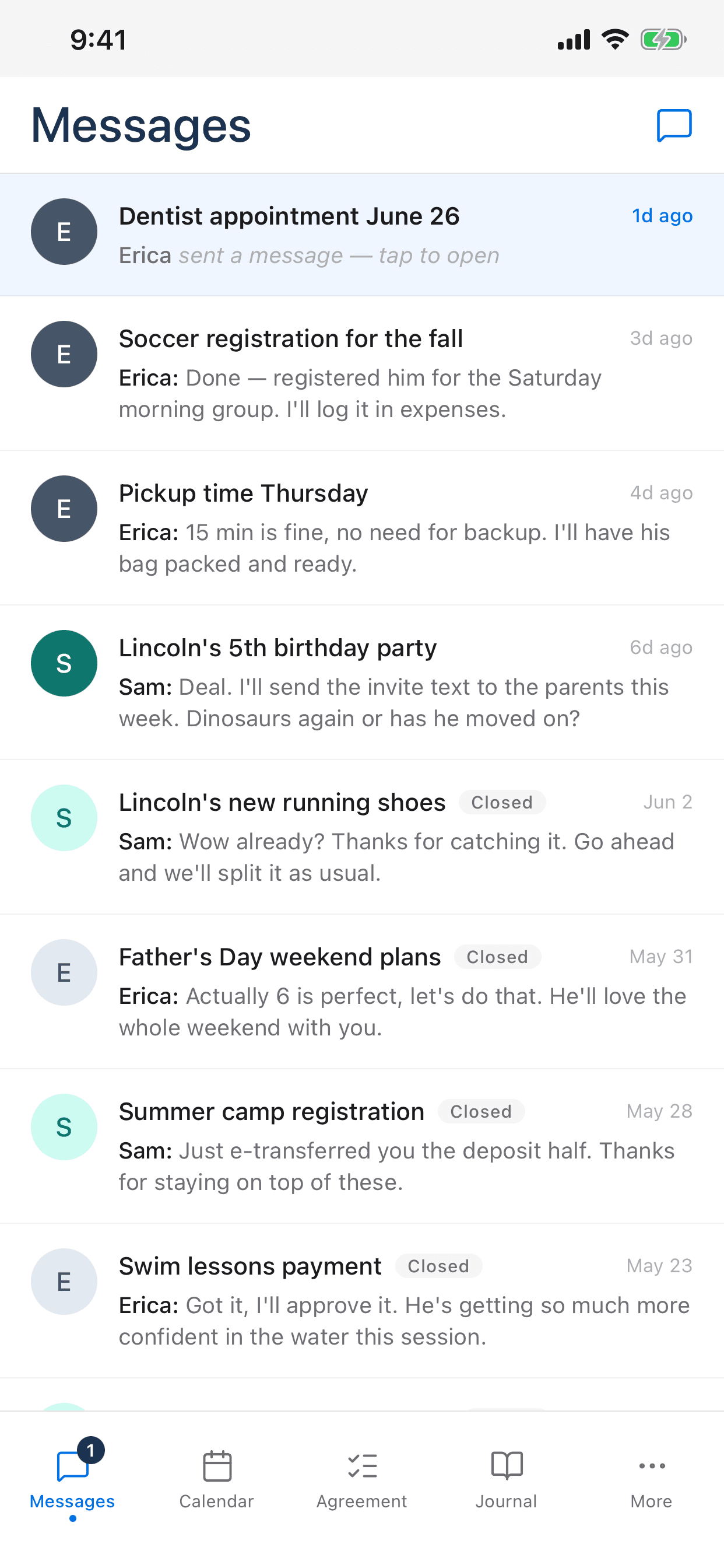 The just parent iPhone app showing the messages list with subject lines and timestamps.